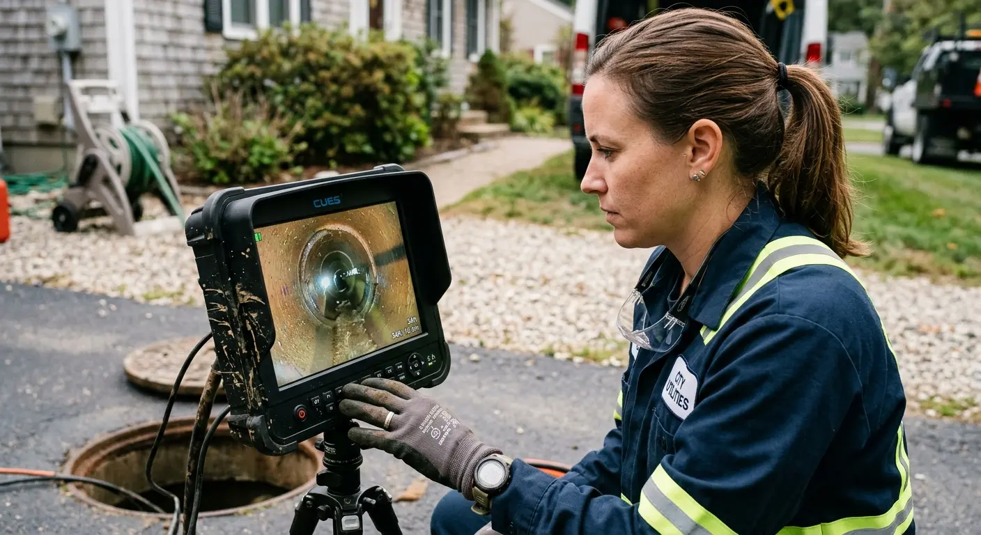 Technician reviewing sewer camera inspection footage in Joshua