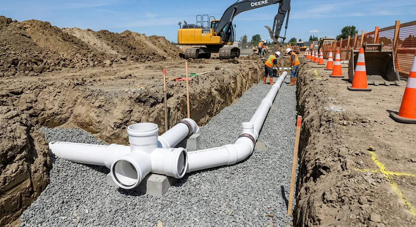 New PVC sewer pipe installation in open trench for Sewer Backup in Joshua