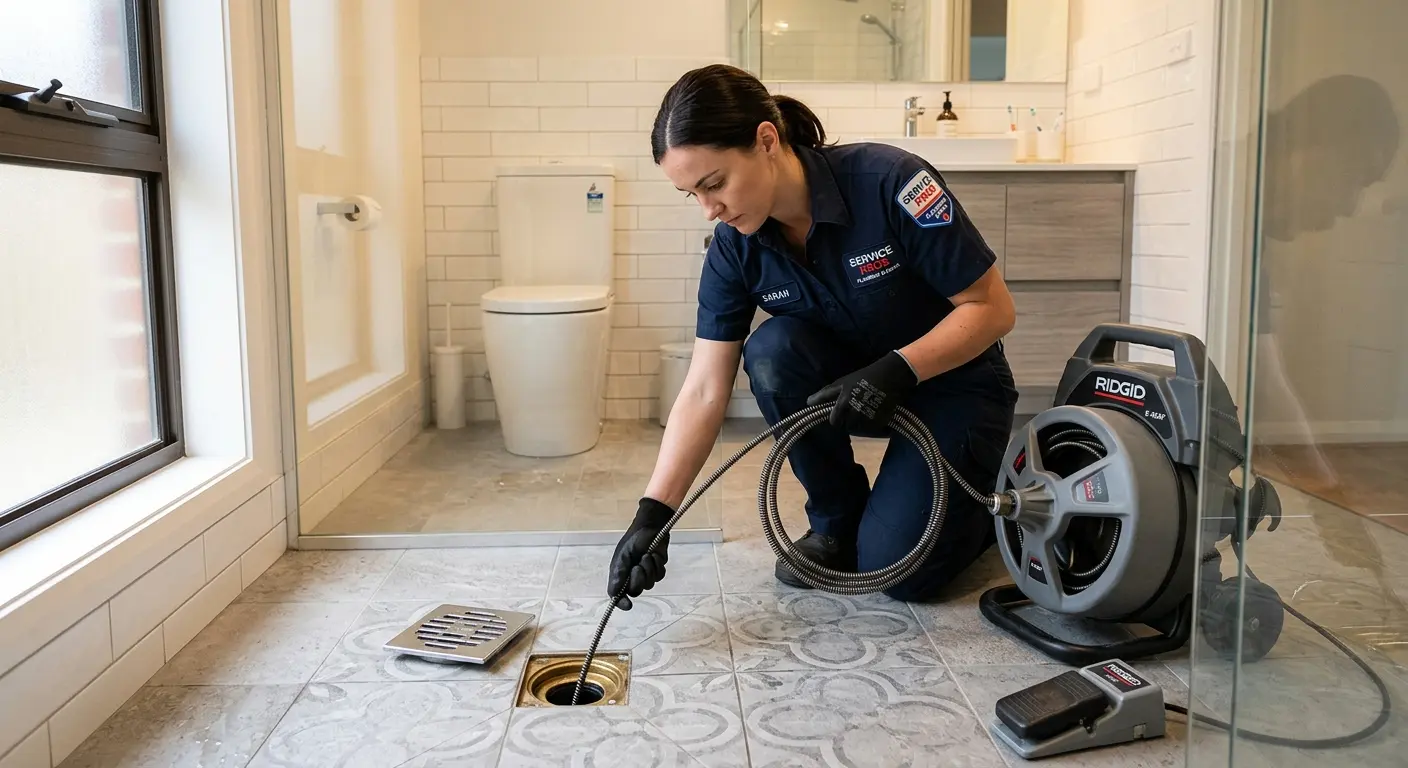 Technician clearing a bathroom floor drain for Drain Cleaning in Joshua